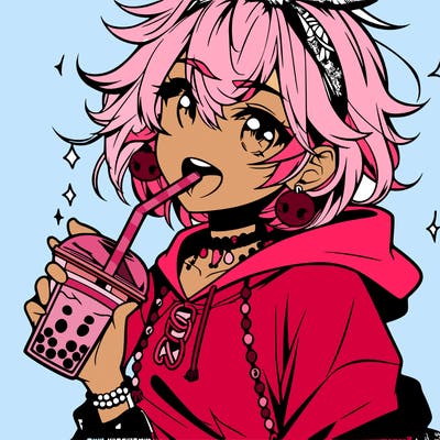 hot baddie anime girl drinking boba and biting the straw