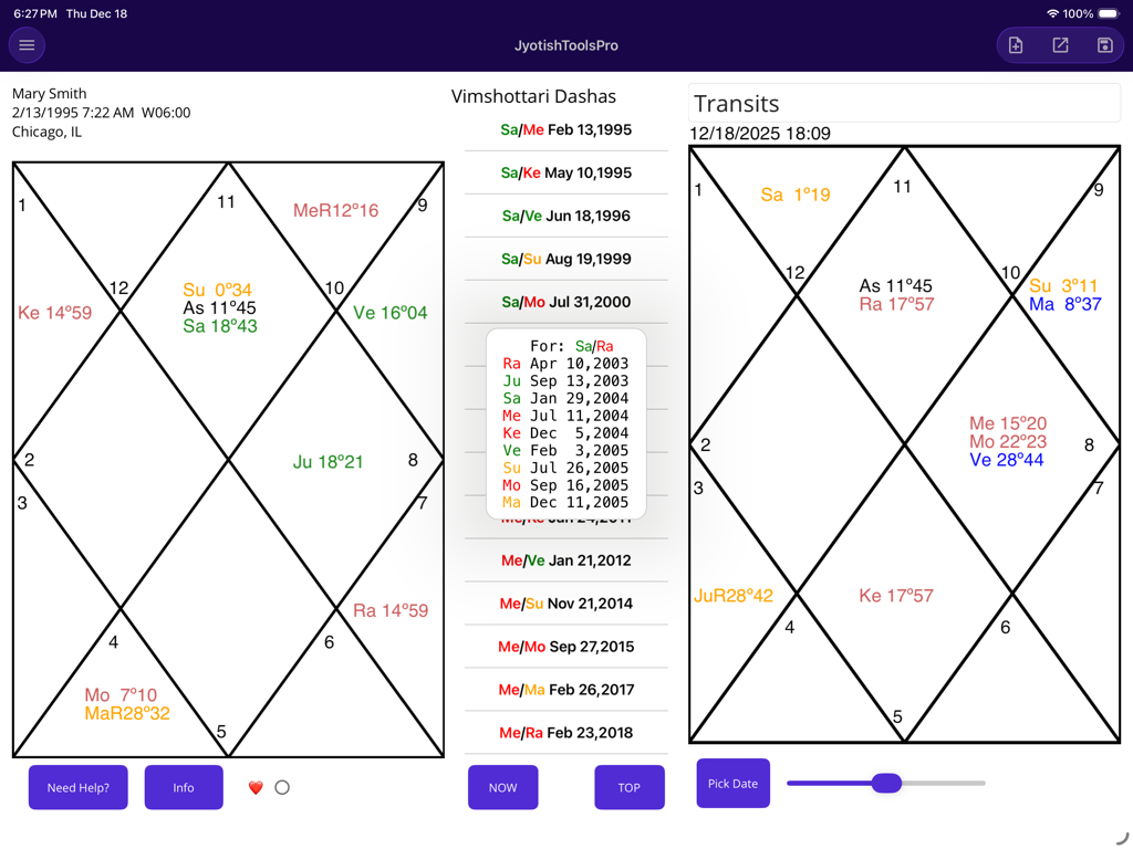 Dashboard of JyotishToolsPro for iPad showing North Indian style astrology charts and Vimshottari Dasha data.