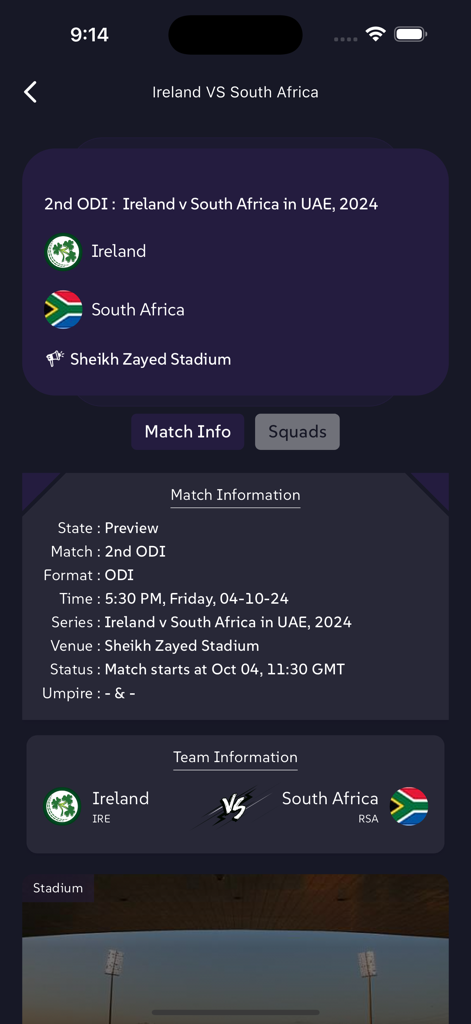 Star Sports Cricket - Detailed match preview and information for Ireland versus South Africa in the Star Sports Cricket app.