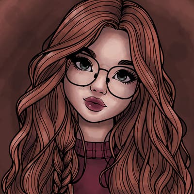 girl with long hair and freckles and glasses realistic
