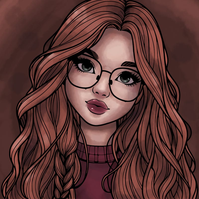 girl with long hair and freckles and glasses realistic