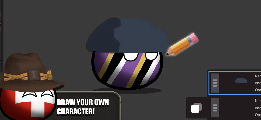 Countryball: World 1930 - A screenshot of the character editor interface where users can draw and customize their own countryball characters