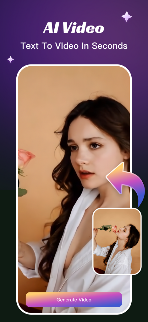 Interfaz de la aplicación SkyArt AI demostrando la generación de texto a vídeo con un retrato cinematográfico profesional