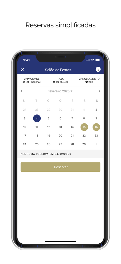 Athus Administradora - Athus Administradora app interface showing a party room reservation calendar with booking details and price