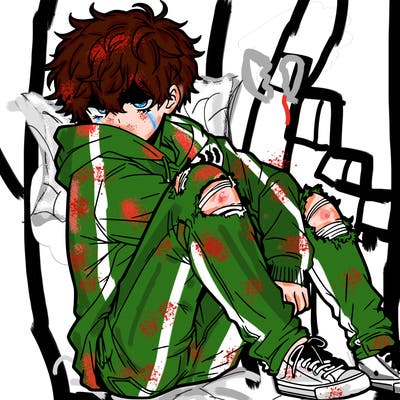 a male hoddie ripped jeans messy hair anime