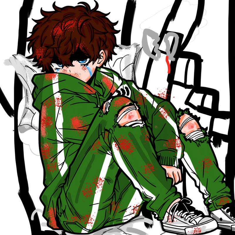 a male hoddie ripped jeans messy hair anime