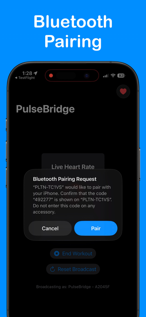 PulseBridge - PulseBridge app displaying a Bluetooth pairing request popup on an iPhone to connect with a fitness device