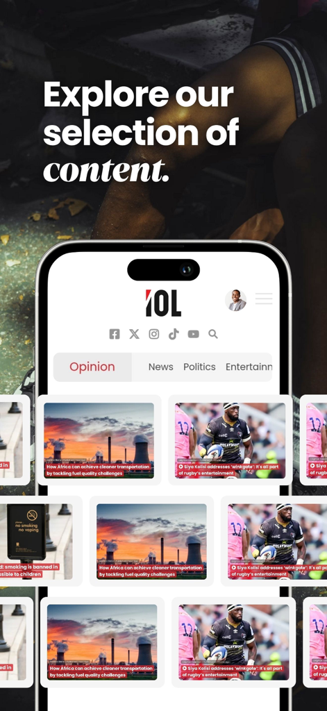 Interface do aplicativo IOL News mostrando uma seleção de categorias de notícias como política e entretenimento com vários blocos de artigos