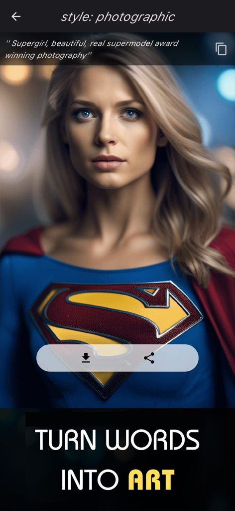 AI Image Generator + Editor - スーパーガールのリアルなAI生成ポートレートを表示するモバイルアプリインターフェース