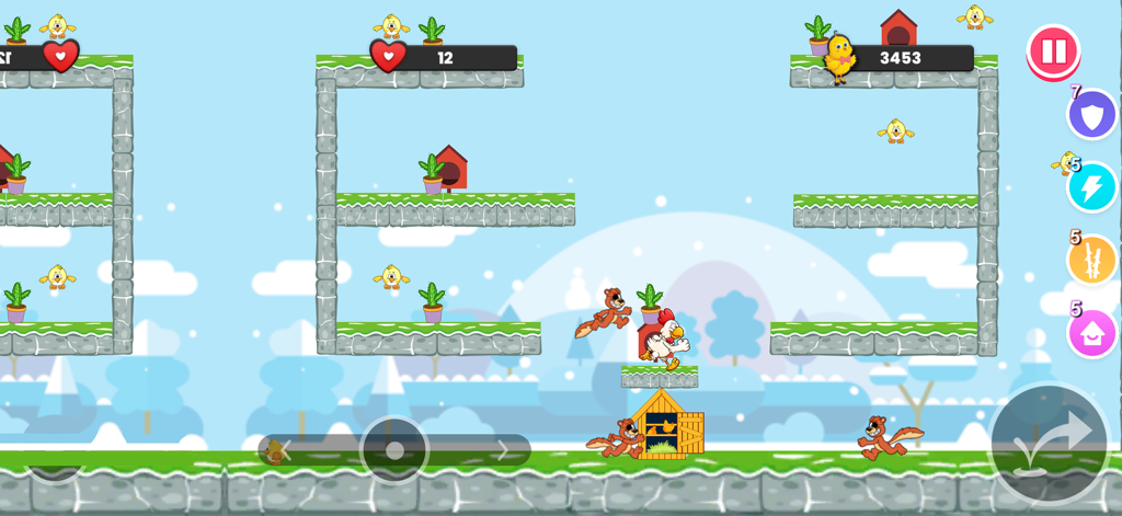 Gameplay screenshot of Flicky Chicky showing a chicken jumping on platforms to rescue chicks while dodging squirrels.