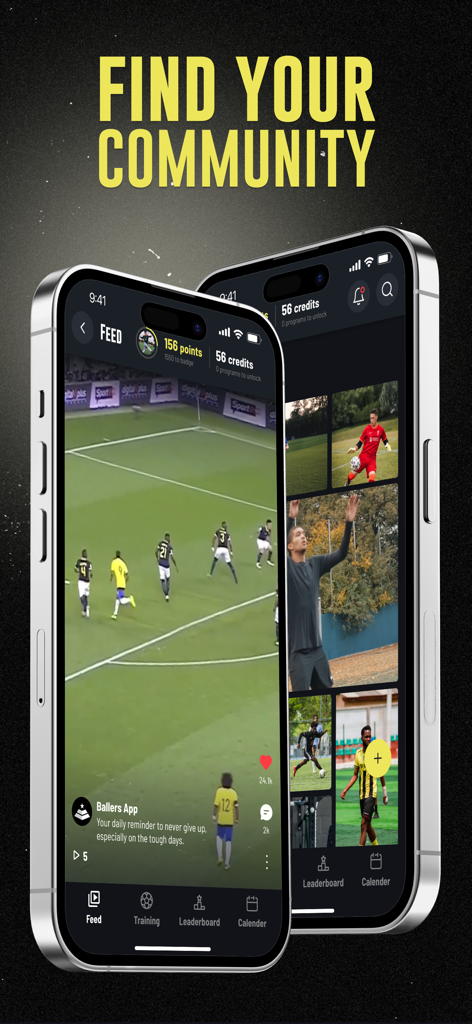 Ballers App social feed displaying soccer highlights and player profiles on two smartphones.