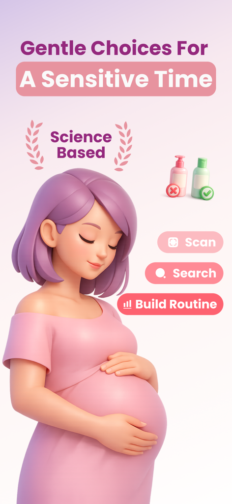 3D-Illustration einer schwangeren Frau mit Schaltflächen zum Scannen und Suchen nach sicheren Hautpflegeprodukten