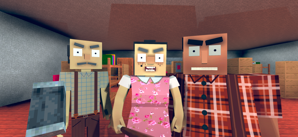 Grandpa & Granny School Escape - Three blocky voxel characters from Grandpa and Granny School Escape standing in a room