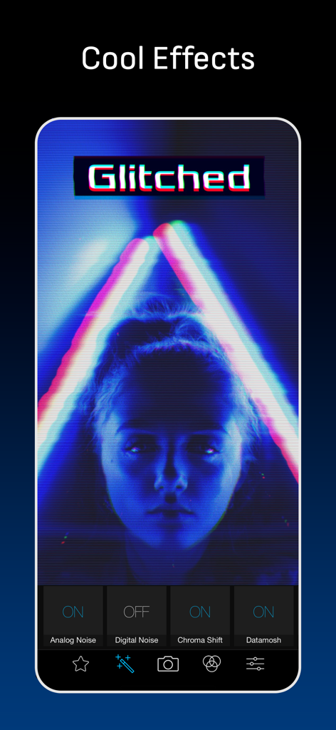Glitch Art Studio: Cam Effects - Pantalla de la aplicación móvil que muestra un retrato con iluminación de neón y varios filtros de arte glitch como ruido analógico y datamosh