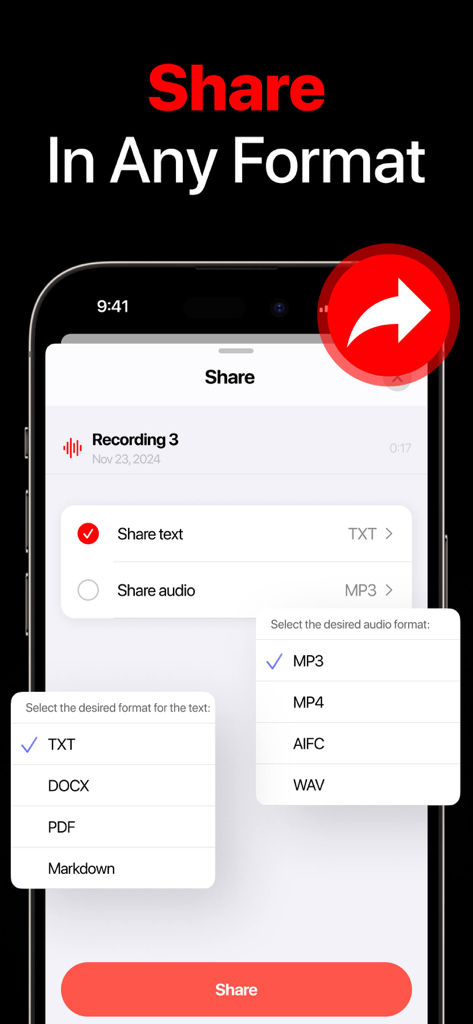 Voice Recorder - Voice Memosㅤ - Interface showing multiple export formats for sharing voice recordings and transcriptions including PDF, DOCX, MP3, and WAV.