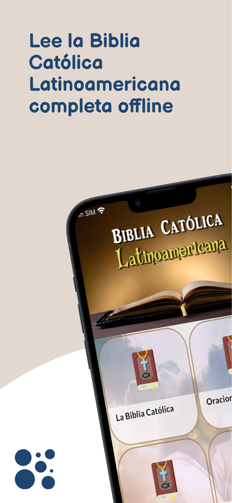 La Biblia Latinoamericana. - Pantalla de smartphone mostrando la interfaz de la app La Biblia Latinoamericana con texto que menciona lectura sin conexión