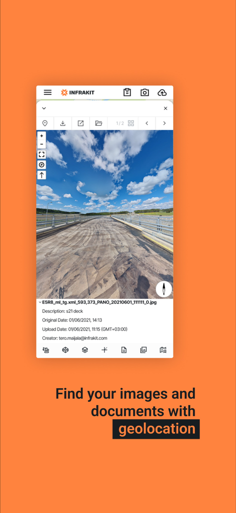 Infrakit FIELD - Infrakit FIELD App-Oberfläche, die ein geolokalisches Panoramabild einer Brückendeckenbaustelle mit Metadaten und Projektdetails zeigt