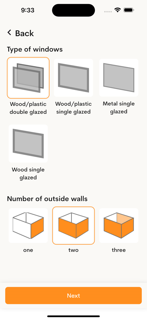 Selecionando tipos de envidraçamento de janelas e o número de paredes externas para cálculos precisos de carga BTU.