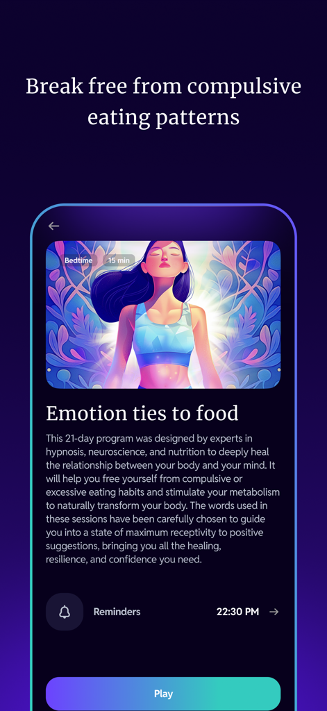 Kure: Healing Hypnosis - Kure app interface showing hypnosis program for emotional eating patterns