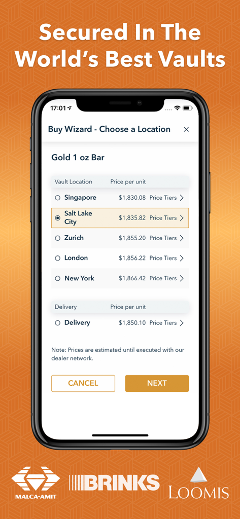 Hard Assets Alliance - Hard Assets Alliance app screen showing international vault locations for gold bar purchases including Singapore and Zurich.