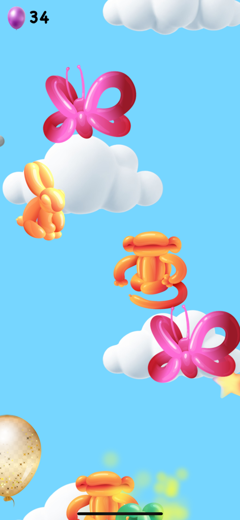 Balloon Pop · Baby Game - Colorful balloon animals floating in a blue sky with clouds in a toddler game