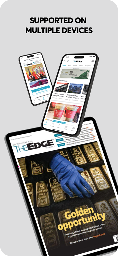 The Edge Singapore news app shown on two smartphones and one tablet with the heading Supported on Multiple Devices