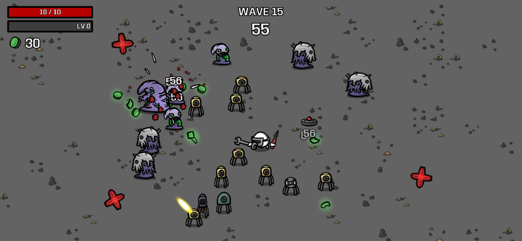 Brotato - Gameplay di Brotato che mostra un personaggio patata che combatte alieni in un'arena sparatutto dall'alto