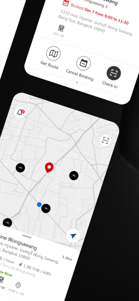 Interface of the ReverSharger app showing an EV charging station map and a booking confirmation screen.