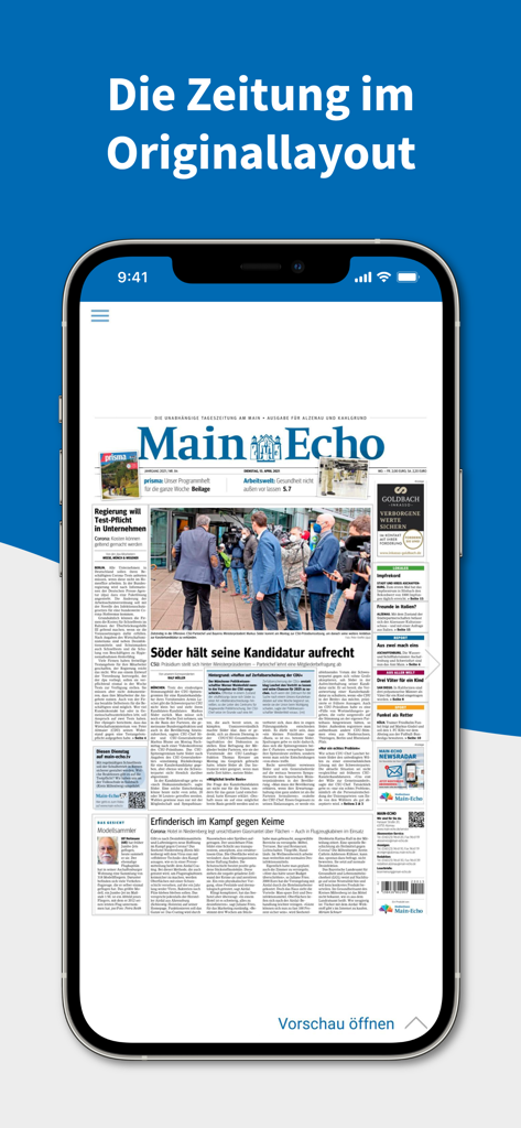 Main-Echo E-PAPER app displaying a digital newspaper on a smartphone