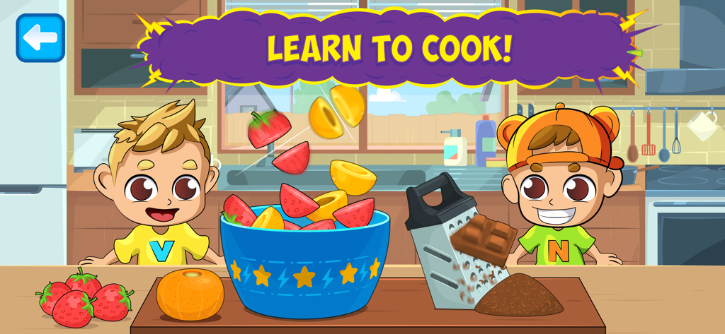 Vlad & Niki Cooking Pizza Game - Cartoon characters Vlad and Niki preparing fruit and grating chocolate in a kitchen