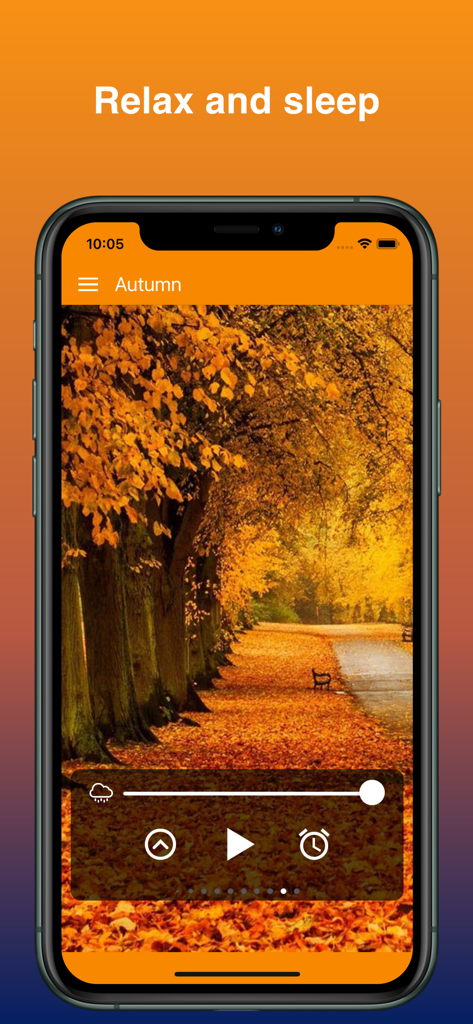 Mood: Rain Sounds & Thunder - Pantalla de un smartphone mostrando la aplicación Mood reproduciendo sonidos de lluvia de otoño con un fondo de bosque pacífico