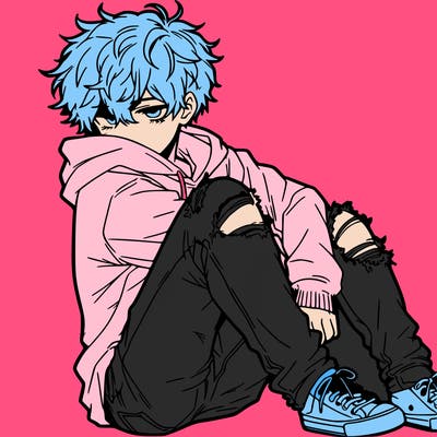 a male hoddie ripped jeans messy hair anime