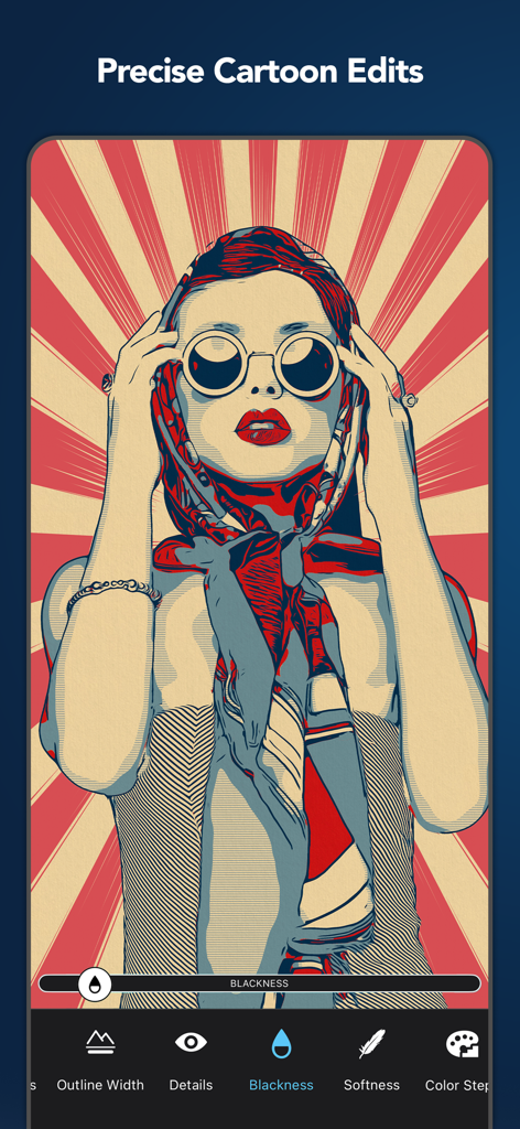 Interface of Clip2Comic app showing precise cartoon editing tools on a pop art style portrait of a woman.