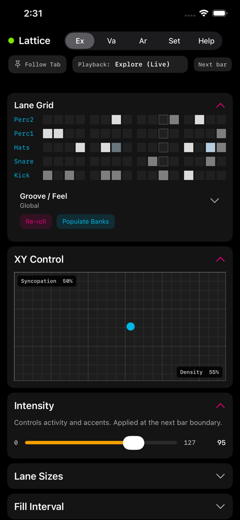 Lattice - Interfaz del instrumento MIDI de patrones de batería Lattice mostrando la cuadrícula de pistas y el pad de control XY