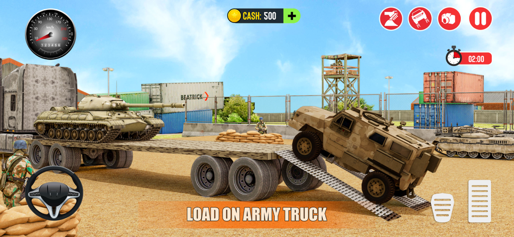 A 3D simulation of an army truck loading a military vehicle onto a transport trailer with a tank already on board.