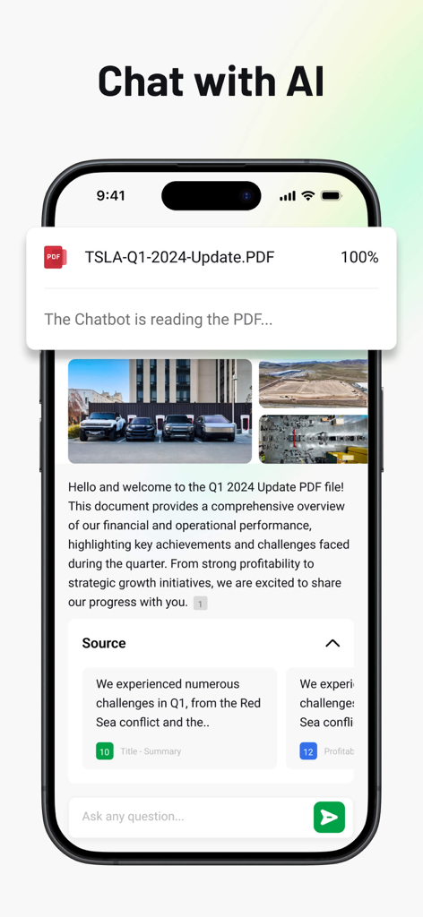 財務ドキュメントを分析するチャットボットを備えたPDF AIアプリを示すスマートフォン画面