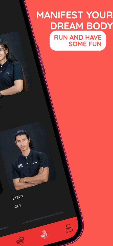 Go Fitness Gym - The Go Fitness Gym app interface displaying coach profiles and motivational fitness text.