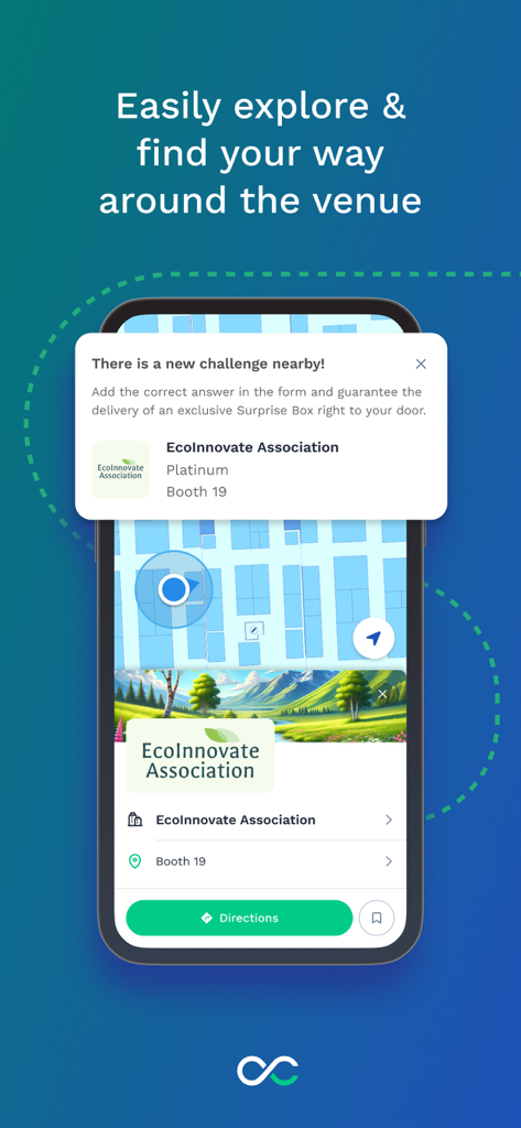 Swapcard - Smart Event App - Swapcard mobile app displaying an interactive floor plan for venue navigation and a challenge notification.