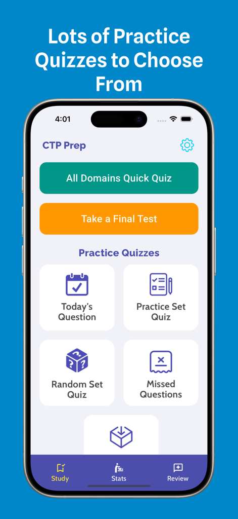 CTP exam preparation app dashboard showing various practice quiz and test modes