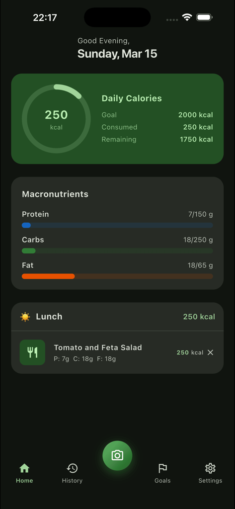 CalorAI – AI Calorie Tracker - CalorAI app dashboard showing daily calorie intake and macronutrient tracking progress for protein carbs and fat
