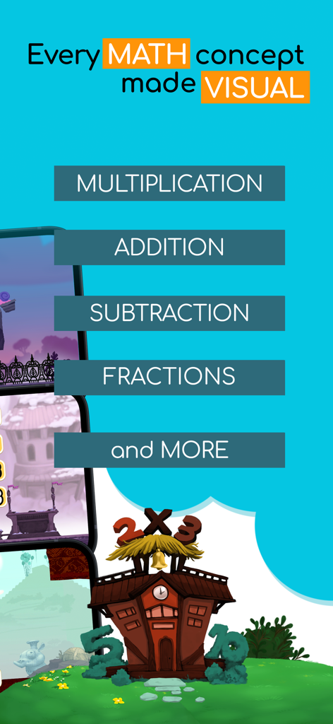 Math Makers: Kids School Games - Educational screen from Math Makers listing visual math topics like multiplication and fractions