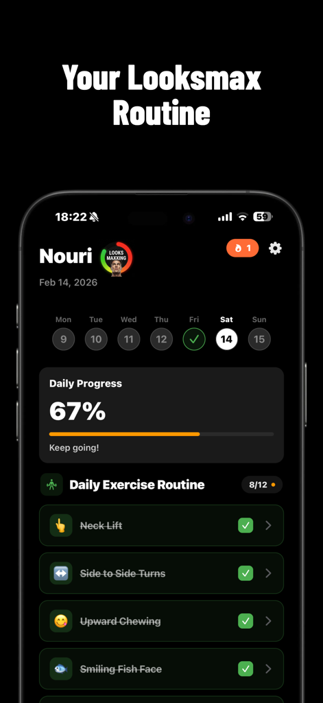 Looksmaxxing & Glow Up・Nouri - Mobile app screenshot showing a daily looksmaxxing exercise routine with progress tracking and exercises like neck lift.