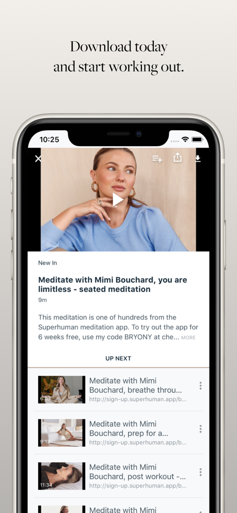 Pilates By Bryony - A smartphone screen displaying a seated meditation video session within the Pilates By Bryony fitness app.