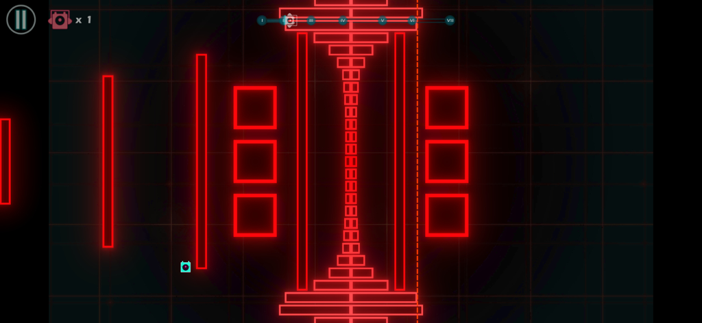 Shape Rhythm - A level in Shape Rhythm with neon red obstacles and a player character on a dark grid background