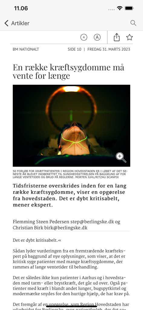 Berlingske e-avis - A news article about healthcare displayed in the Berlingske e-avis digital newspaper app