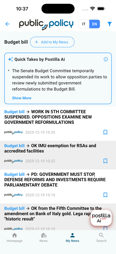 Public Policy News App mit Schlagzeilen zu institutionellen Nachrichten und KI-Zusammenfassung