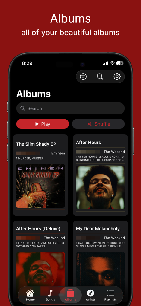 Melosik - local Music player - The albums library view of the Melosik music player app featuring a premium dark mode liquid glass design.