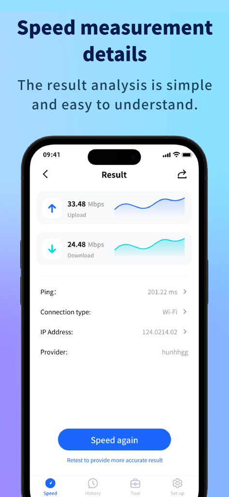 Speed Test - WIFI Analyser - Mobile app screen displaying upload and download speed test results