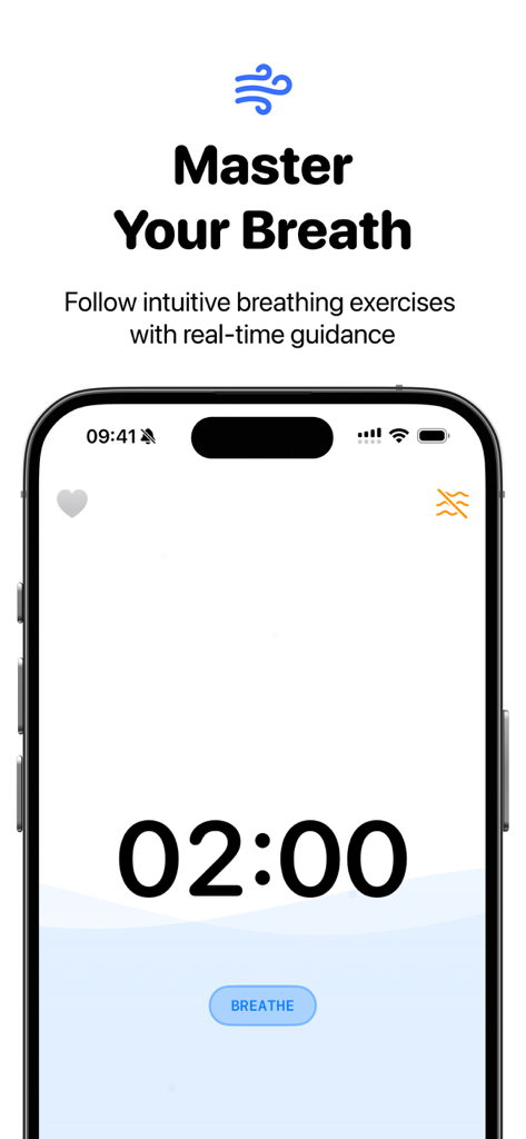 apne - Interface de l'application apne montrant un minuteur d'exercice de respiration avec le titre Maîtrisez votre respiration