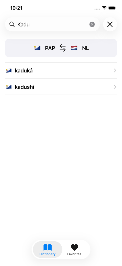 Papiaments Dictionary - Interface de l'application Dictionnaire Papiamentu montrant une recherche de mots commençant par Kadu.